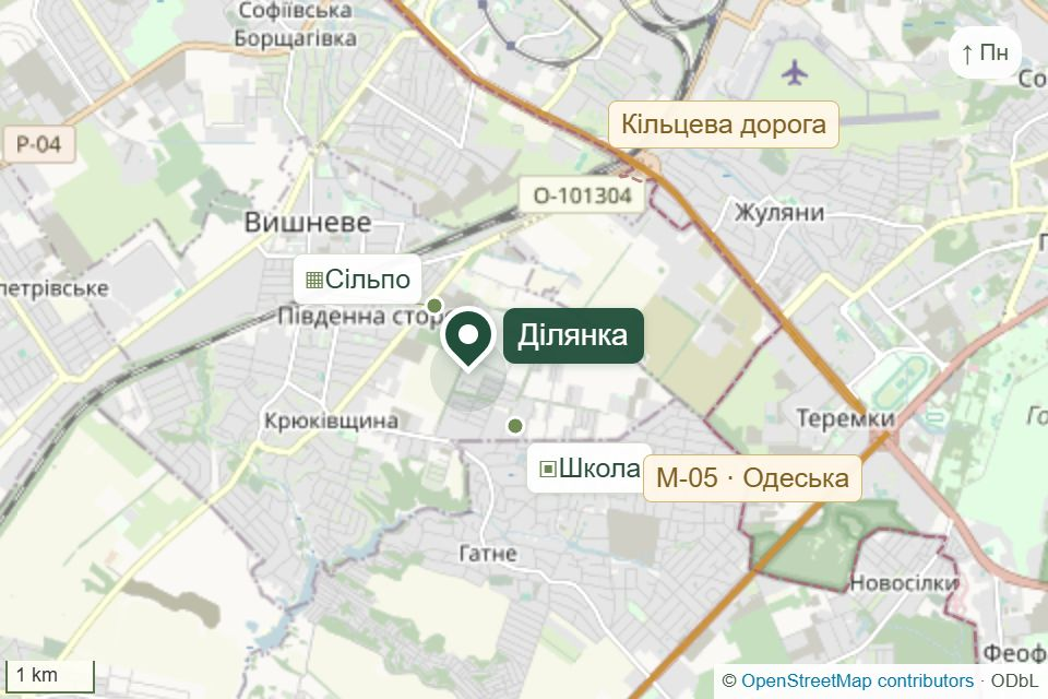 Карта ділянки Крюківщина-2, точка за координатами власника: 50.3765893, 30.393137. Вишневе · Кільцева · Сільпо.